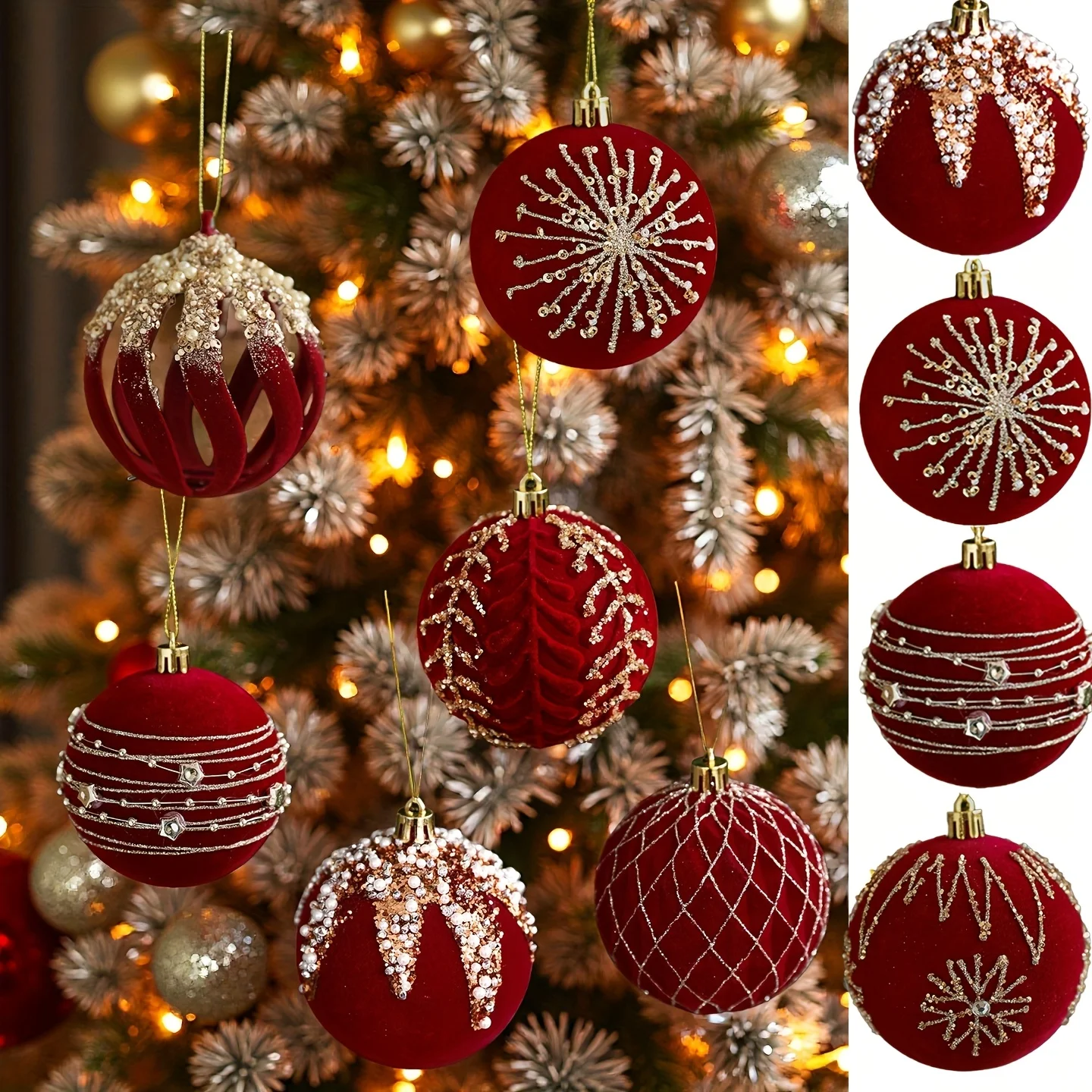 Burgundy Flocked Glitter Christmas Ball Ornaments – 4-Piece Set 1