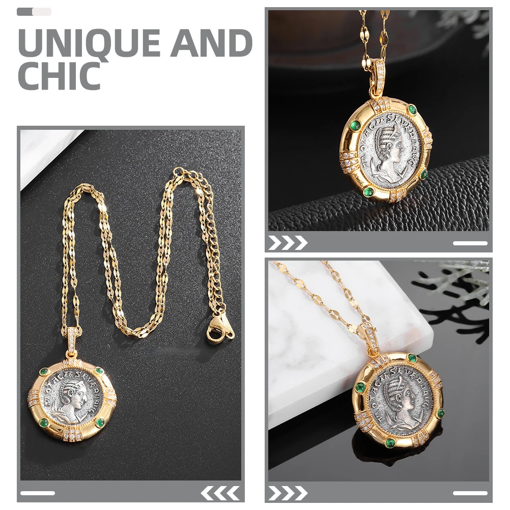 

Ancient Coin Emerald Pendant Necklace for Women Fashion Trendy Statement Gift Party Cosplay Game Accessories