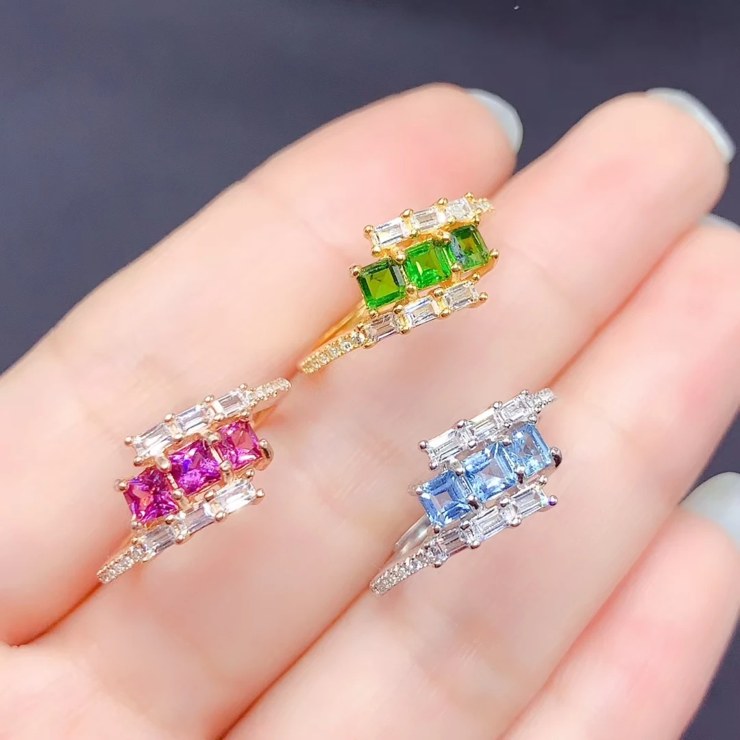 

Hotsale 925 Silver Ring for Daily Wear 3mm Total 0.5ct Natural Topaz Garnet and Diopside Ring with 18K Gold Plating