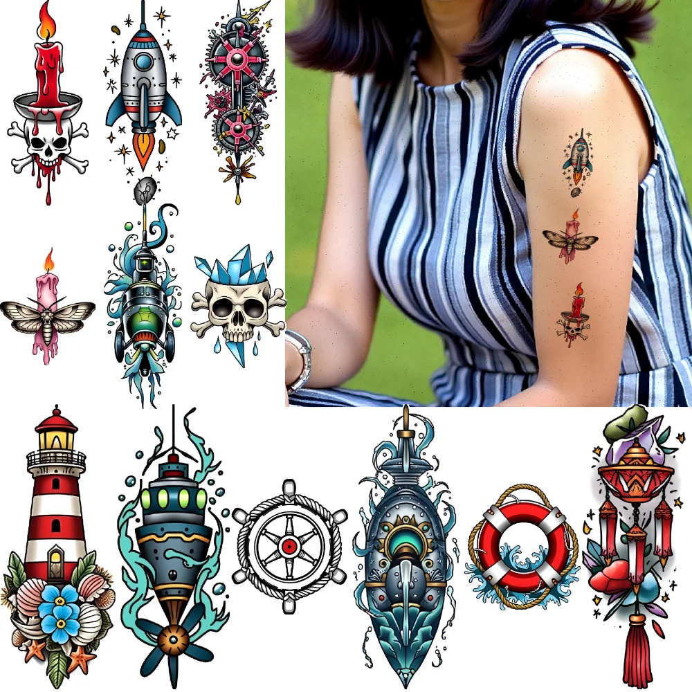 

28 шт., временные татуировки, спасательный круг, водонепроницаемые, долговечные наклейки на тело, свеча, мотоцикл, новая школа, традиционные для мужчин, руки