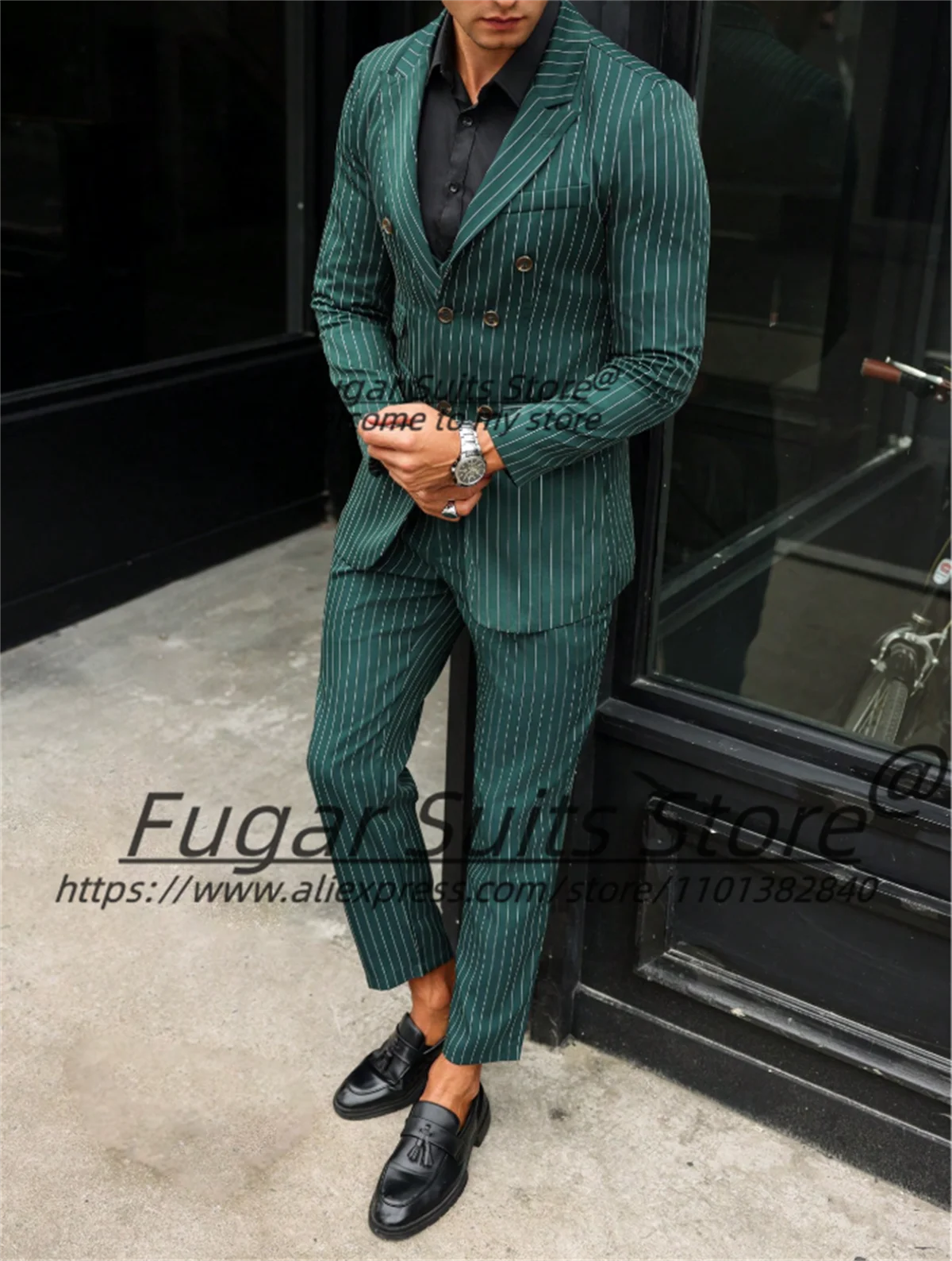 

Tailor Made Green Stripe Elegant Suits For Men Slim Fit Double Breasted Groom Tuxedos3Pcs Sets Business Male Blazers Ropa Hombre