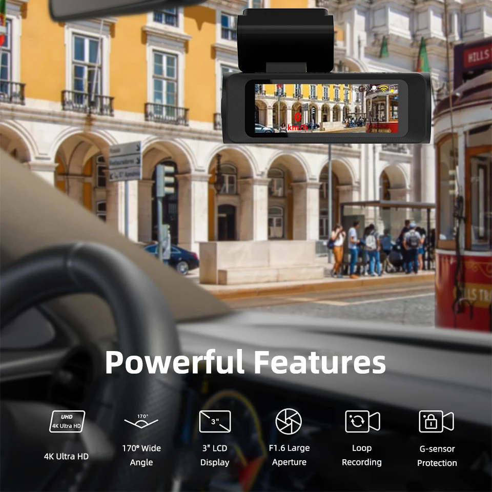 ACCEO 4K Dashcam with Built-in GPS/WiFi 1080P Rearview Camera 24H Parking Night Vision Recorder Loop Recording for Car Safety