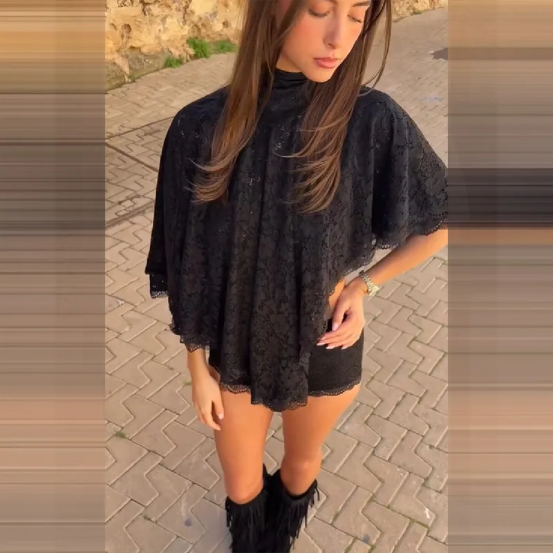 EINY Lace Embroidery Casual Outfits Tight Irregular Street Summer Suit Women's Sexy Halter Batwing Sleeve Top+Shorts Hollow Sets