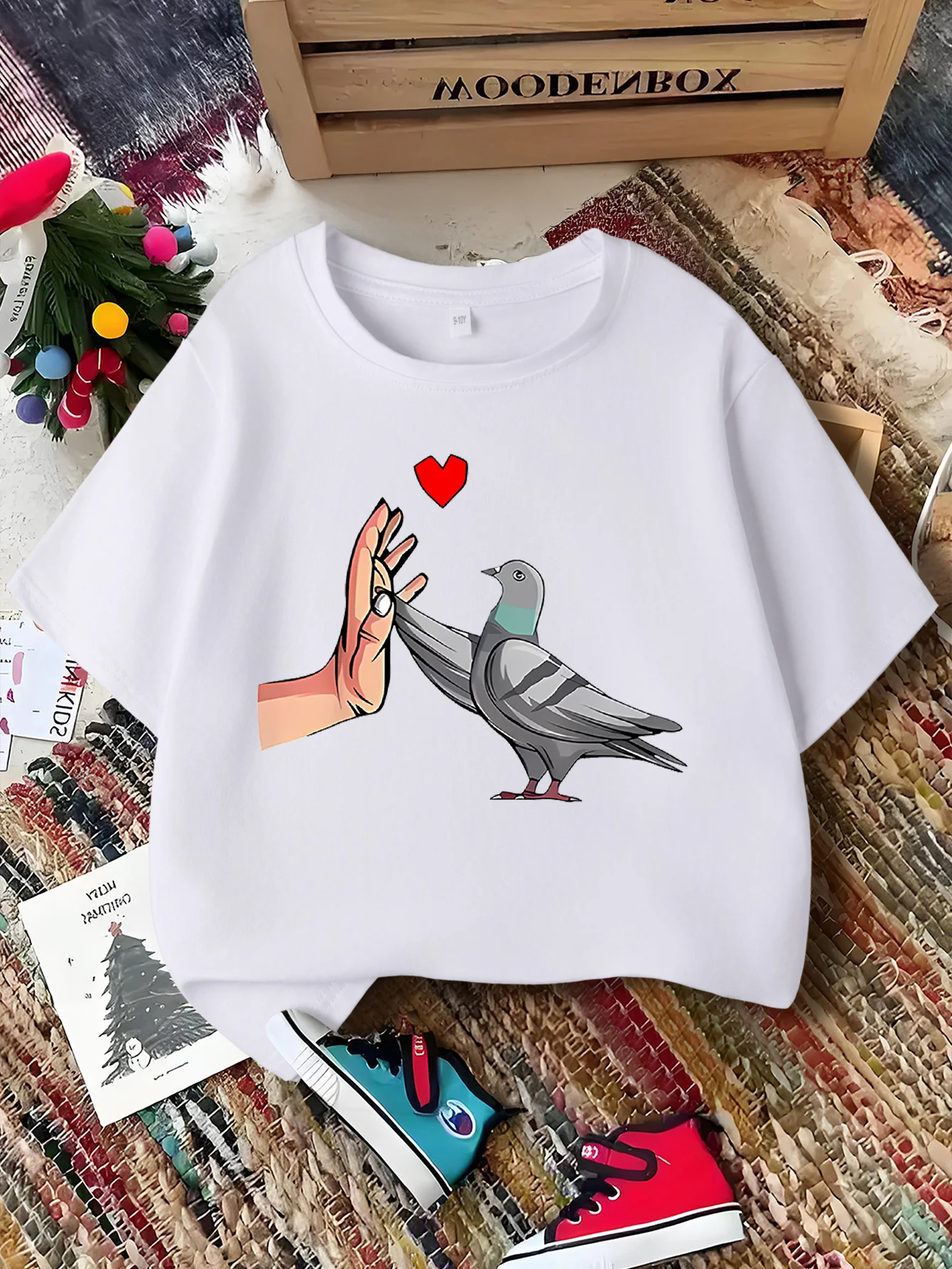 Cute Hand And Pigeon Red Heart Print Graphic Kids Tee Boys Girls Family Matching Cotton Crew Neck Short Sleeve Soft Summer Tee