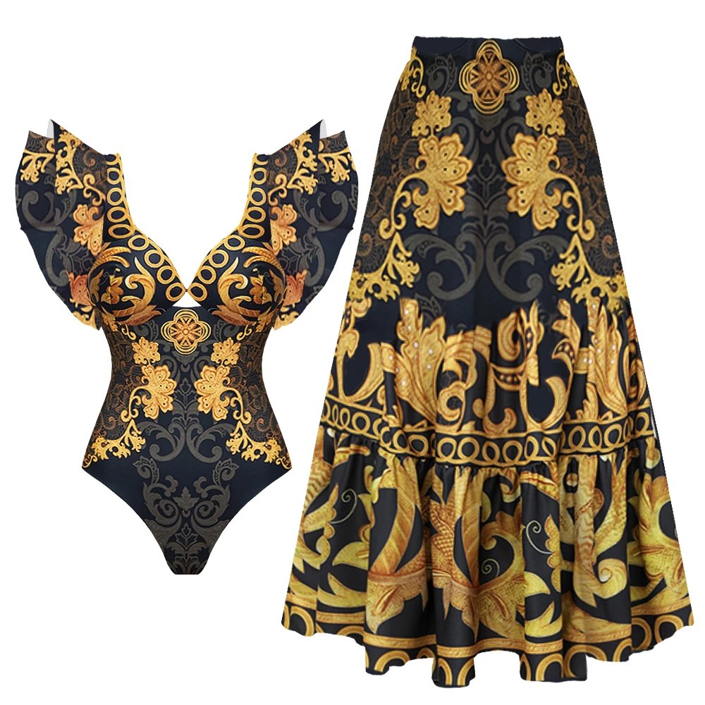 2024 nuevo traje de baño de diseño de gama alta 2 uds estampado Floral volante adelgazante vacaciones Sexy Hot Spring traje de baño de una pieza para mujer