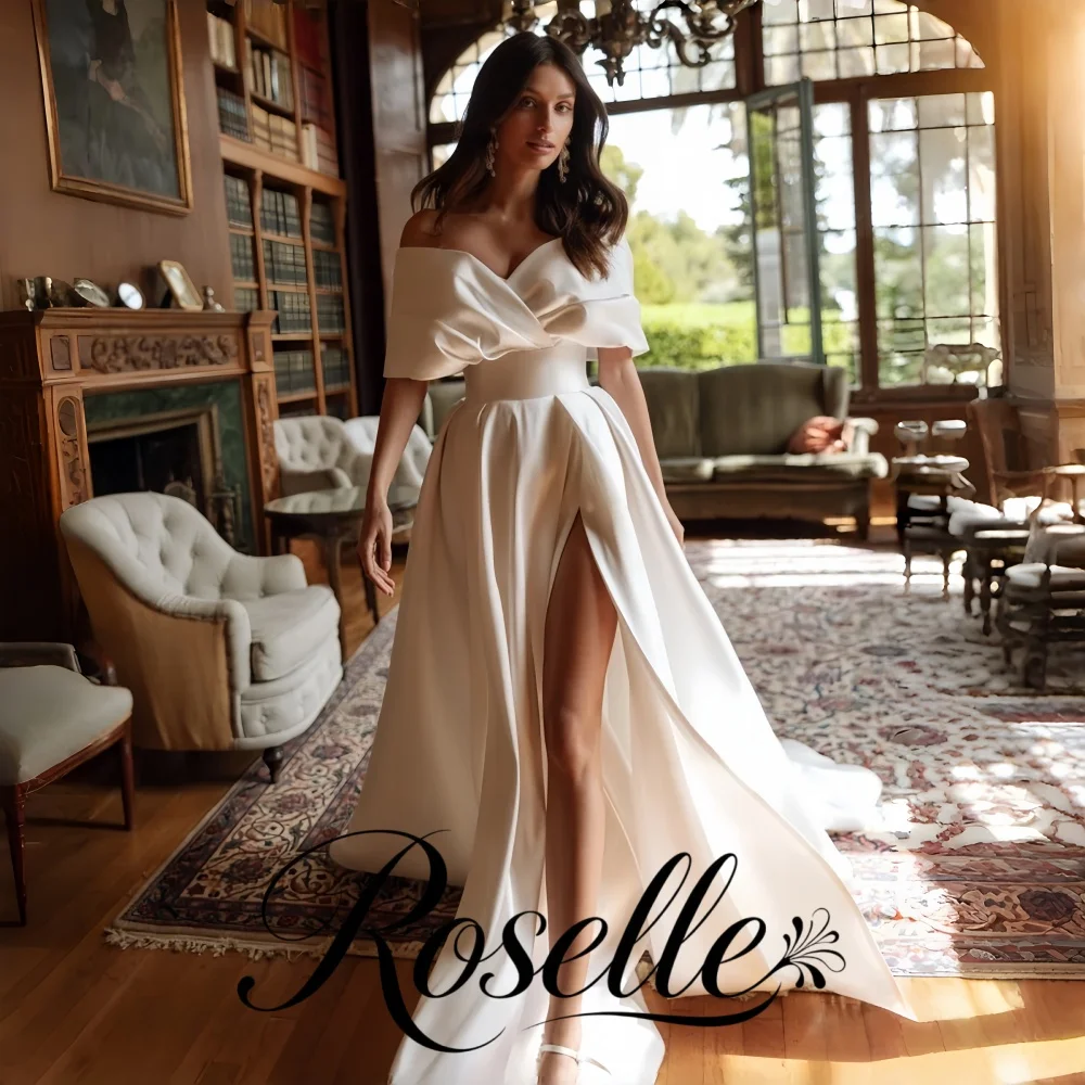 ROSELLE Modern Elegant Off Shoulder A-Line Wedding Dress High Side Slit Sweep Train 2026 Bridal Gown Customized Vestido De Novia