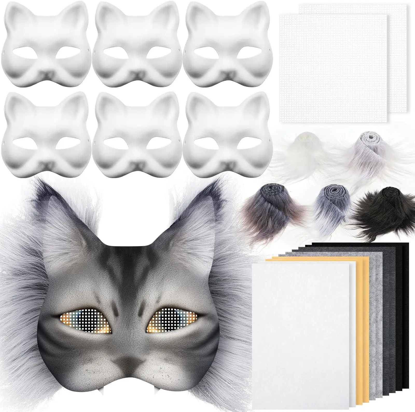 6 Set DIY Therian Mask Kit Paper Blank Cat Mask with Felt Fabric Sheet Plush Faux Fur Eye Mesh for Cosplay Birthday Party Gifts