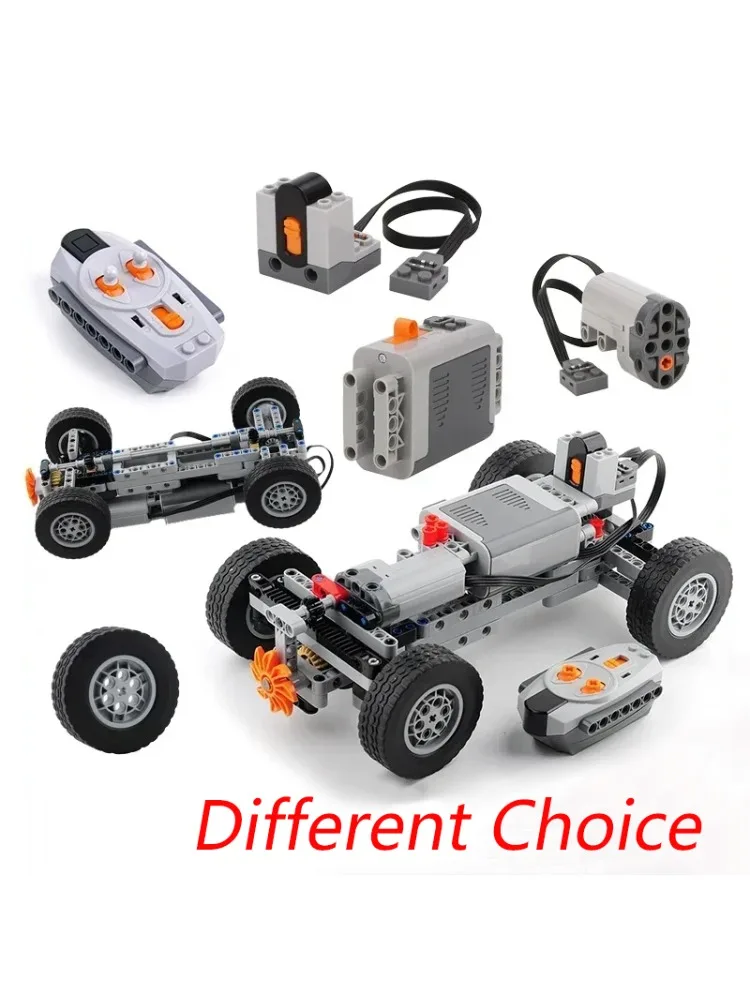 Châssis de voiture électrique 4WD RC, bloc de construction, roues à moteur, récepteur RC, fonctions de boîte de batterie, Simulation de pulvérisation, jouet technique MOC