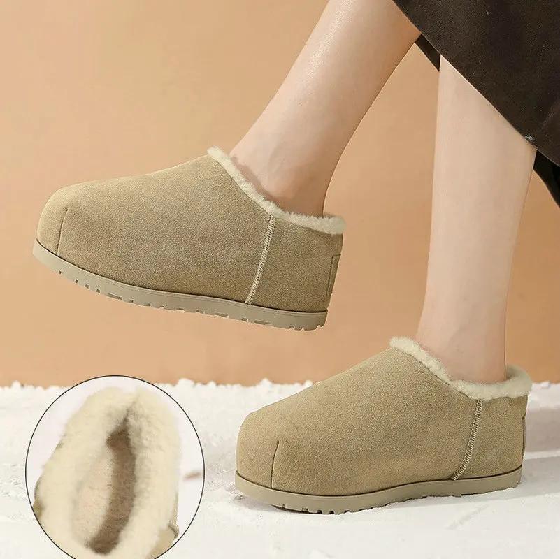 A Slip-On European Beans Fur Shoes Women Wear Winter Plus Fleece And Thick Soled Snow Boots Inside To Increase