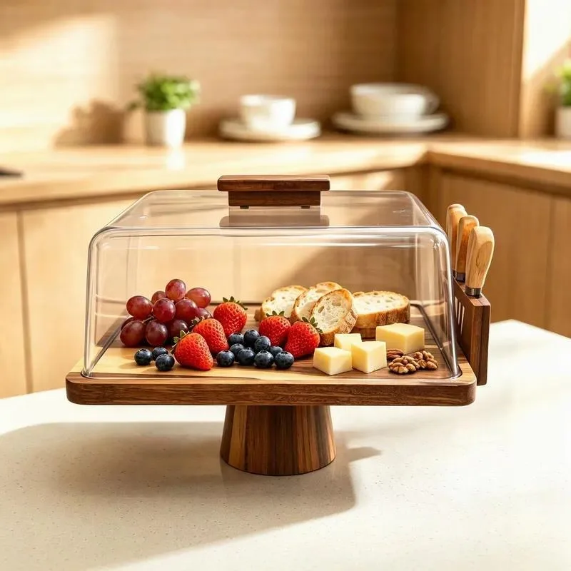 Wooden Cake Stand with Acrylic Dust Cover and Knife Set Solid Wood Tray for Fruit Snacks Dessert Display Serving Platter