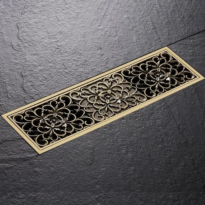 Brass 8*28cm  floor drain, European carved antique rectangular floor drain 11“ rectangular drain