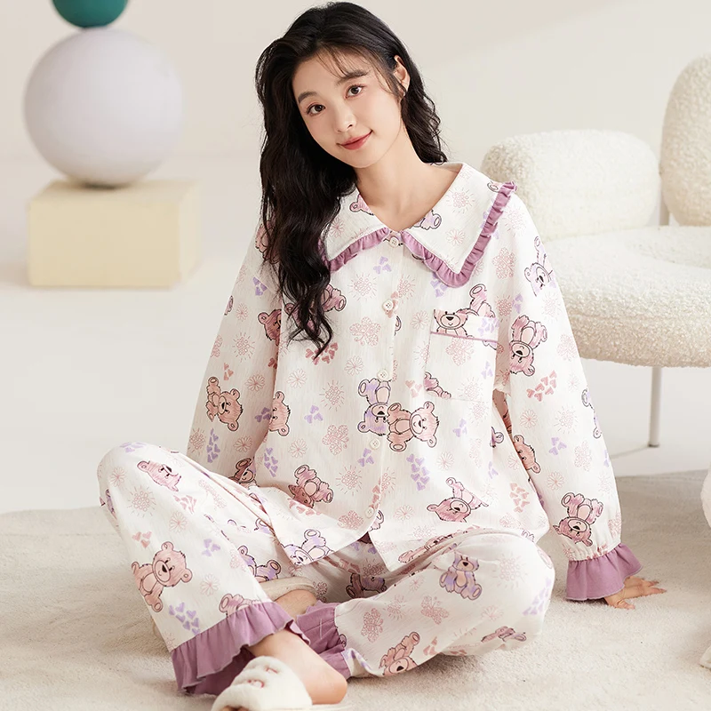 Pink Cute Bear Pajamas Set Women Long Sleeves Long Pants Autumn Winter Kawaii Sleepwear Soft Pyjamas Girl Pijamas Cozy Cotton Pj