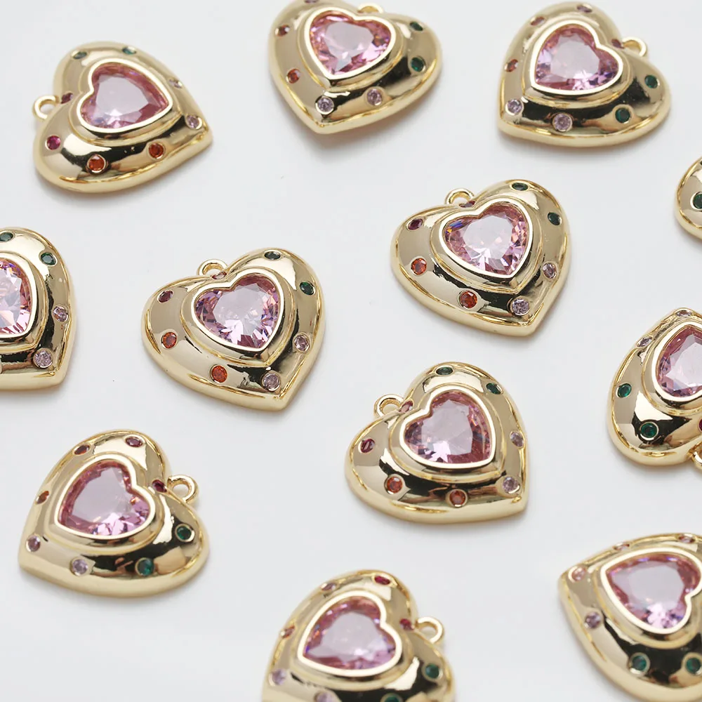 2PCS 14K Gold Plated Colorful Zircon Heart Pendant Brass Jewelry DIY Making Supplies Material Accessories