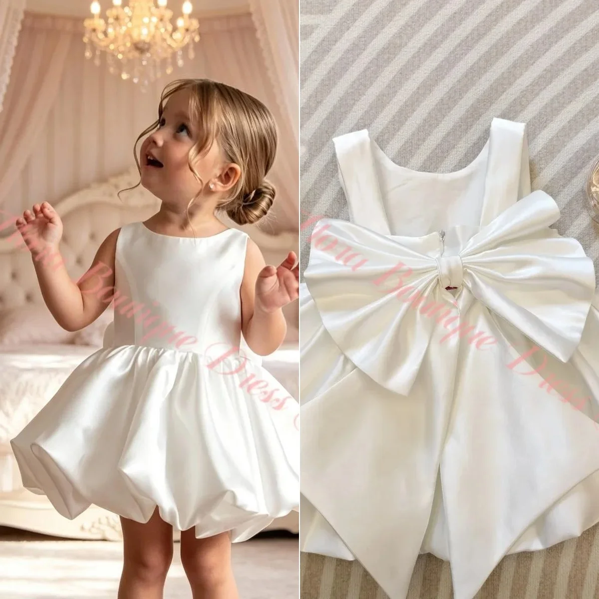 New Born Baby Flower Girl Dress for Kids Fluffy Bloomer Tribute Silk White Vestidos Dress for Wedding Flower Girls Bows Clothes