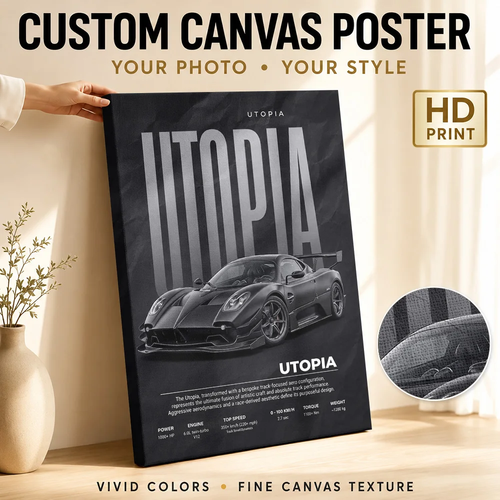 Sleek Black Utopia Car Canvas Poster Customized Photo Dynamic Illustration Style Wall Art Garage Home Office Decor Driver Gift