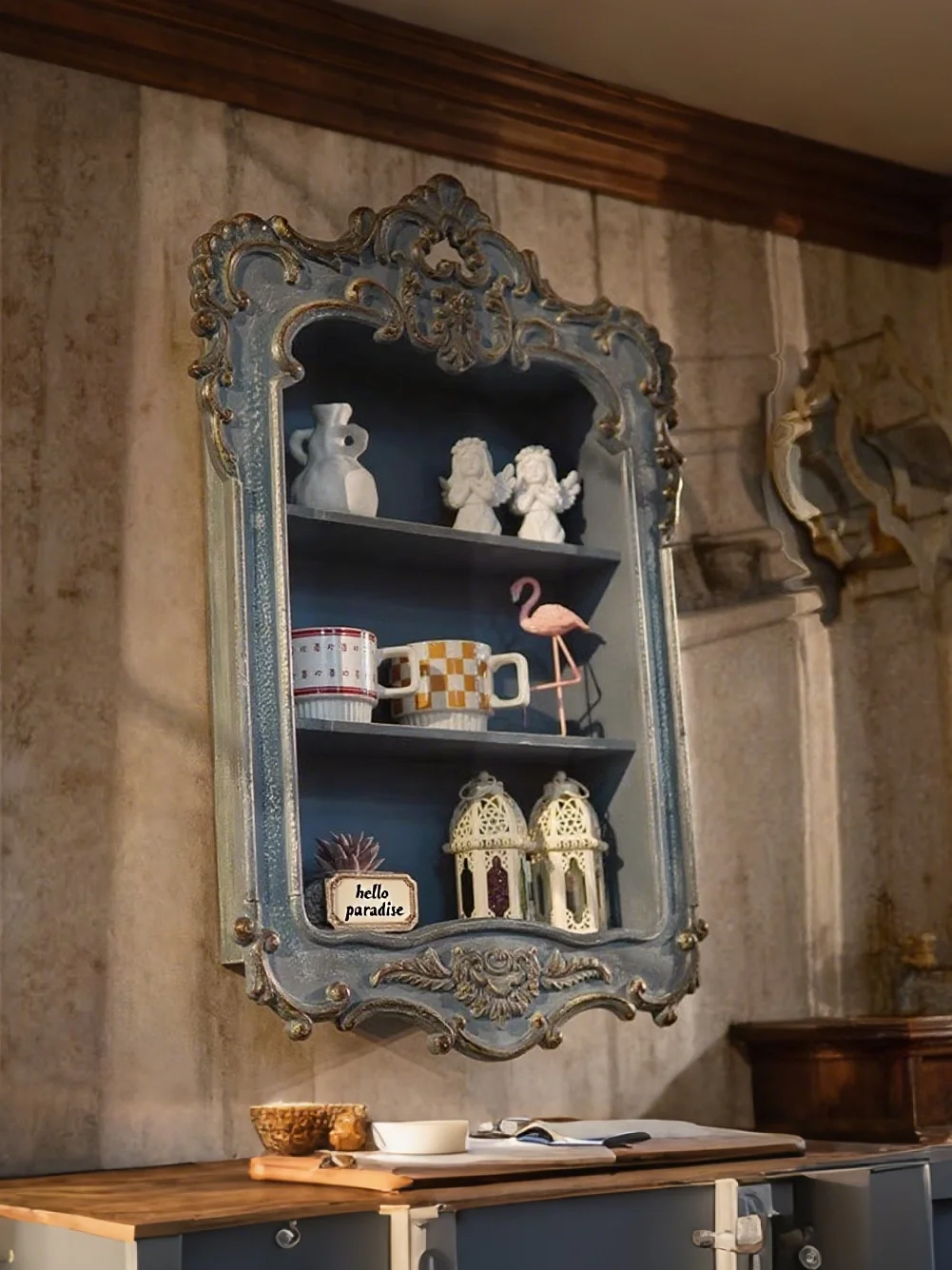 European-style carved hanging cabinet ins wind homestay decorative cabinet non-punching moisture-proof wall-mounted locker