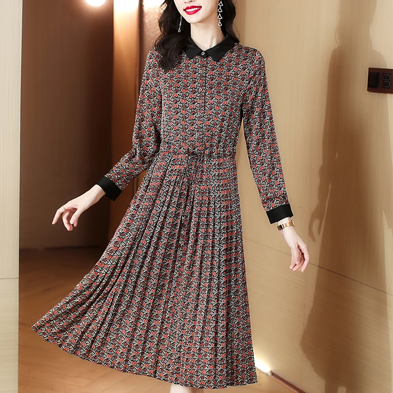 2023 Spring/Summer Silk Long Sleeve Printed Polo Neck Shirt Dress Bohemian Women's Vintage Loose Fit Large Waist Slim Long Dress