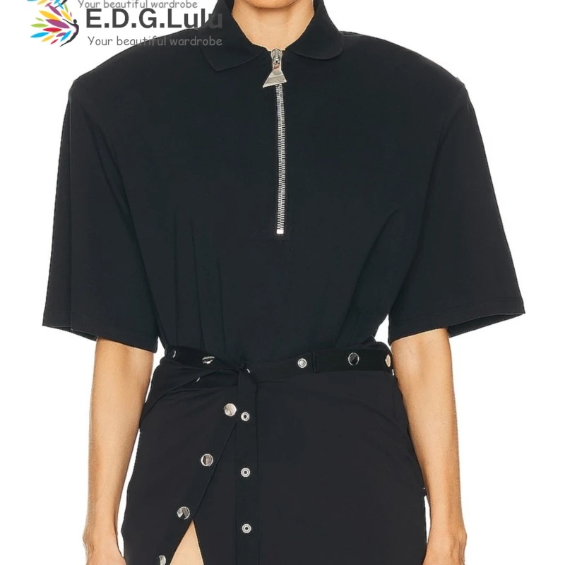 

EDGLuLu Leisure Street Loose Turn-Down Collar Short Sleeve + High Waist Irregular Mini Skirt Black Suit Two-Piece Set 0815
