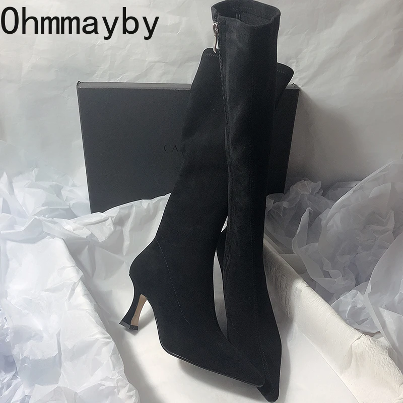 Women Stretch Modern Long Boots Fashion Pointed Toe Knee High Booties Designer High Heels Shoes