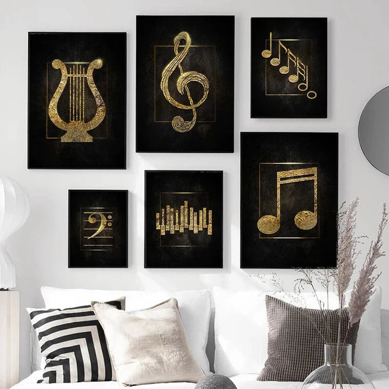 Black Golden Music Symbolic Canvas Painting Music Poster and Printing Nordic Wall Art Picture Living Room Home Decoration Mural