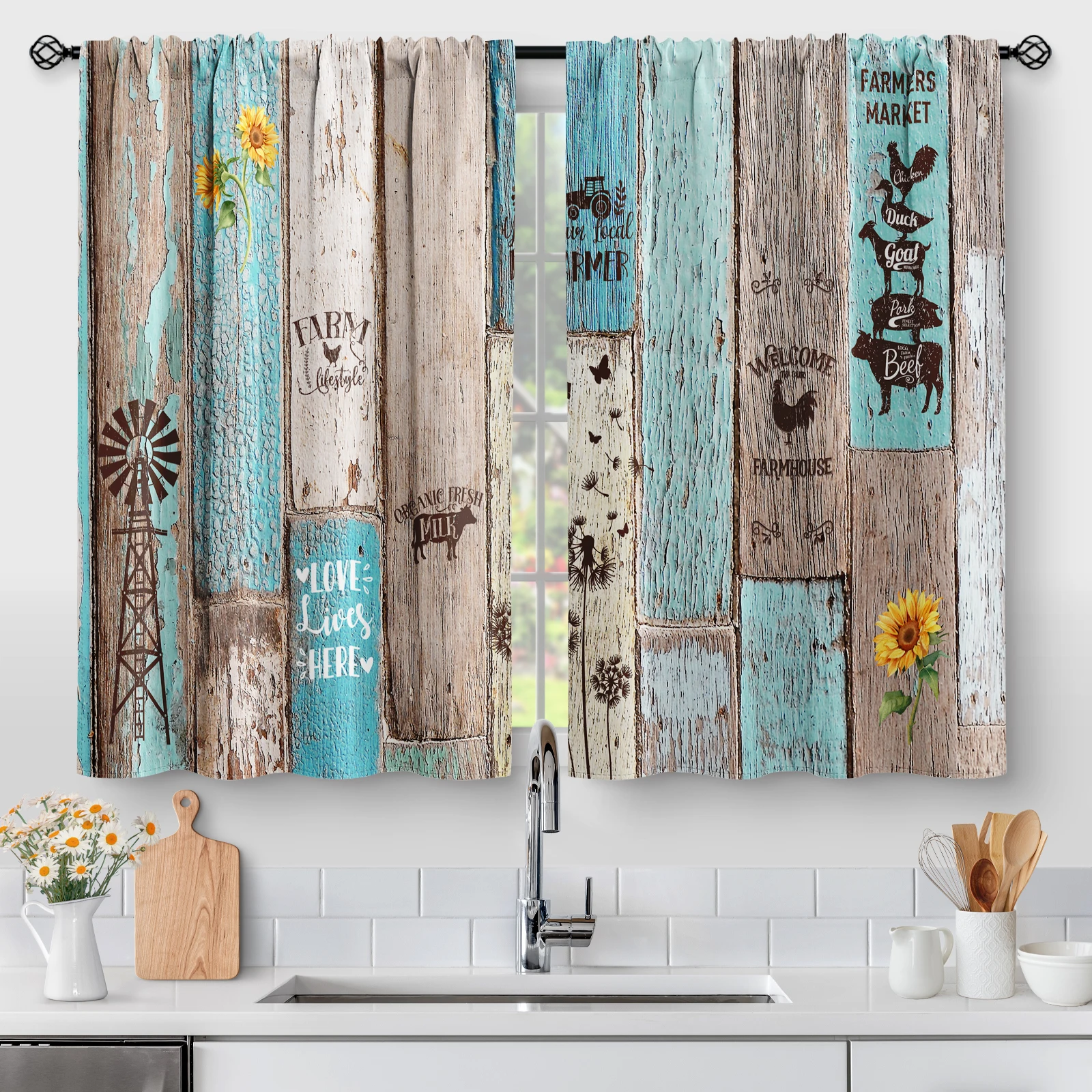 

2 Panels Teal Wooden Kitchen Curtains, Country Floral Farm Rustic Vintage Wood Small Short Tier Curtains Retro Decor for Living