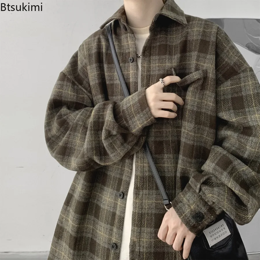 

Plaid Shirt Men's Long-sleeved Hong Kong-style High-end Coat Spring Autumn Puffy Handsome Tops Fashion Workwear Shirts for Men