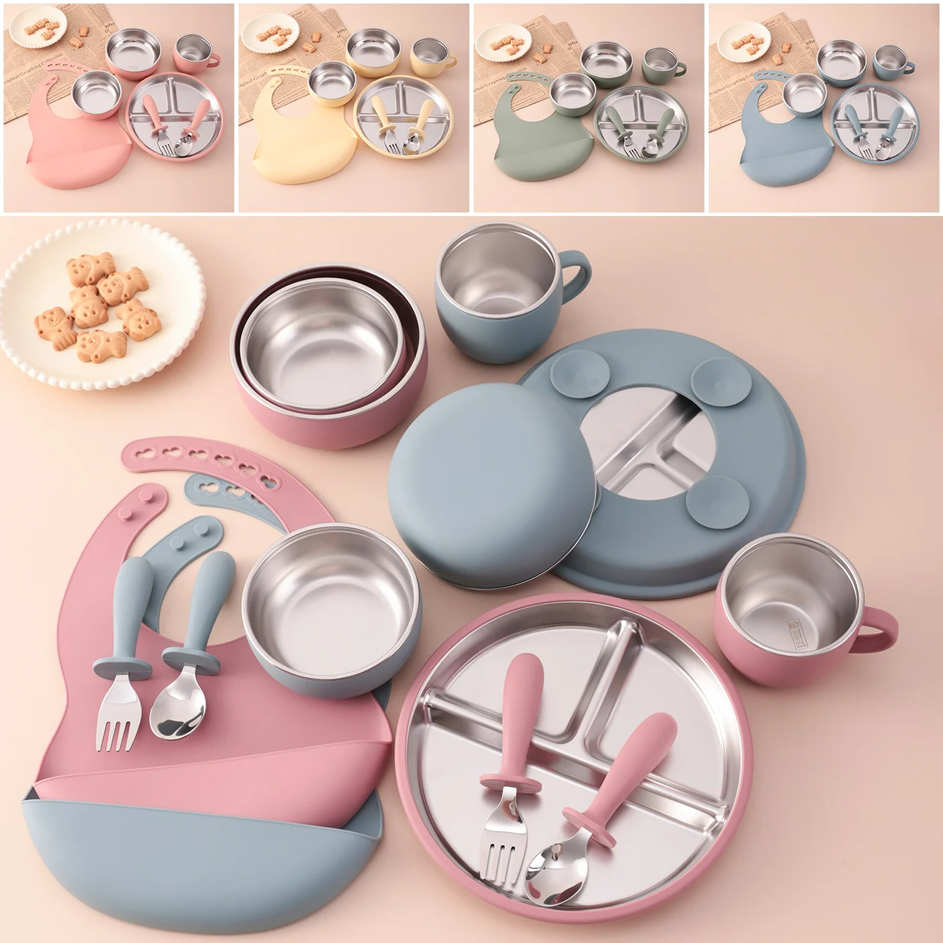 Color Kids 7PCS Stainless Steel & Silicone Feeding Set Sucker Dishes Plate Bowl BPA Free Toddler Bib Fork Spoon Cup Baby Stuff