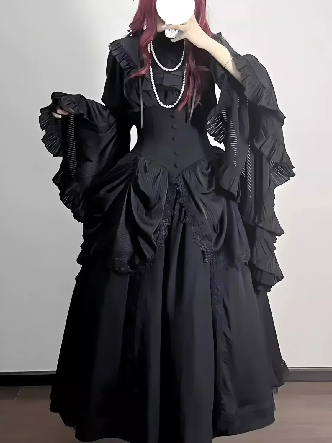 Dark Goth Slim Blouse Long Skirt 2-piece Set Lolita Shirts Pure White Black Ji Sleeves Shirt SK Fishbone High Waist Skirt Women view 3