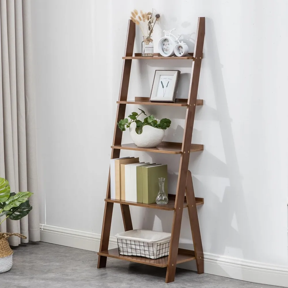 

Bamboo Ladder Shelf Bookcase,5-Tier Leaning Free Standing Organizer Storage Shelves for Living Room Walnut,5 Tier Bookshelf