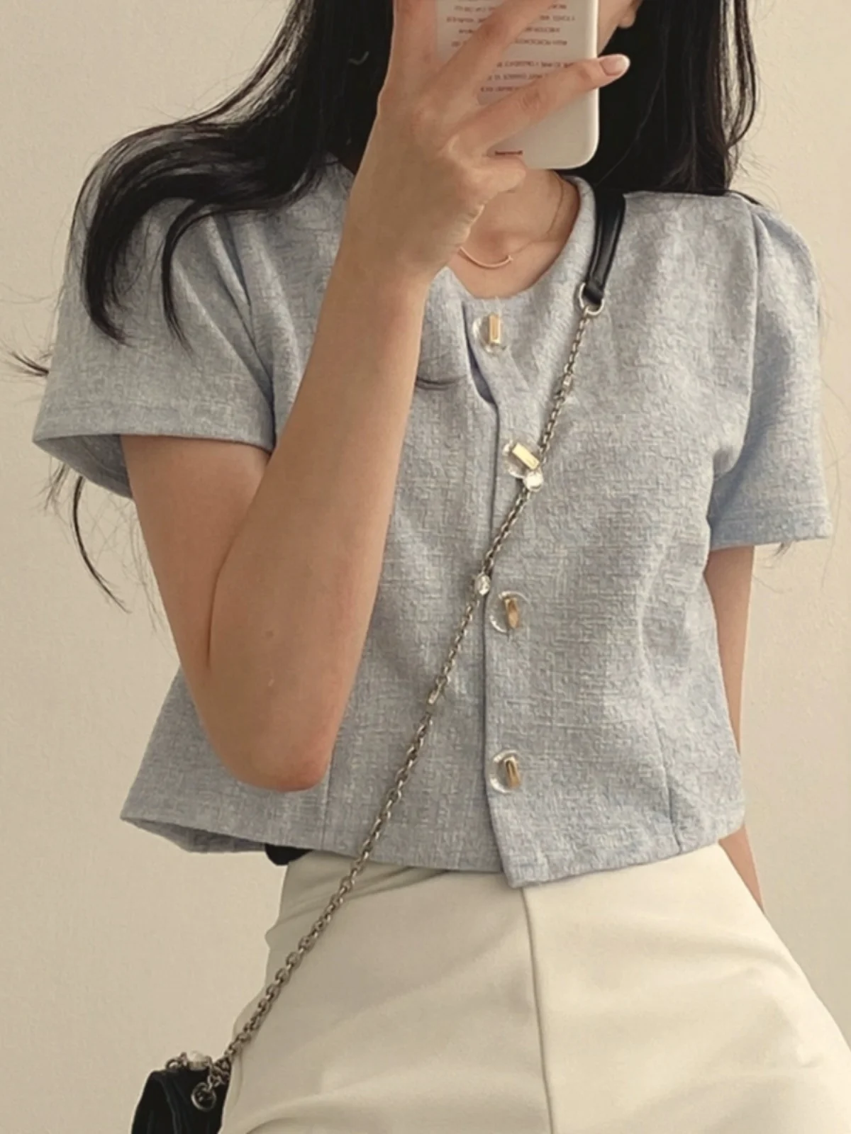 Chic Short Sleeve round Neck Outerwear Women's Fashion Spring 2024 Elegant Design Compact Size Bubble Sleeve Tweed Material