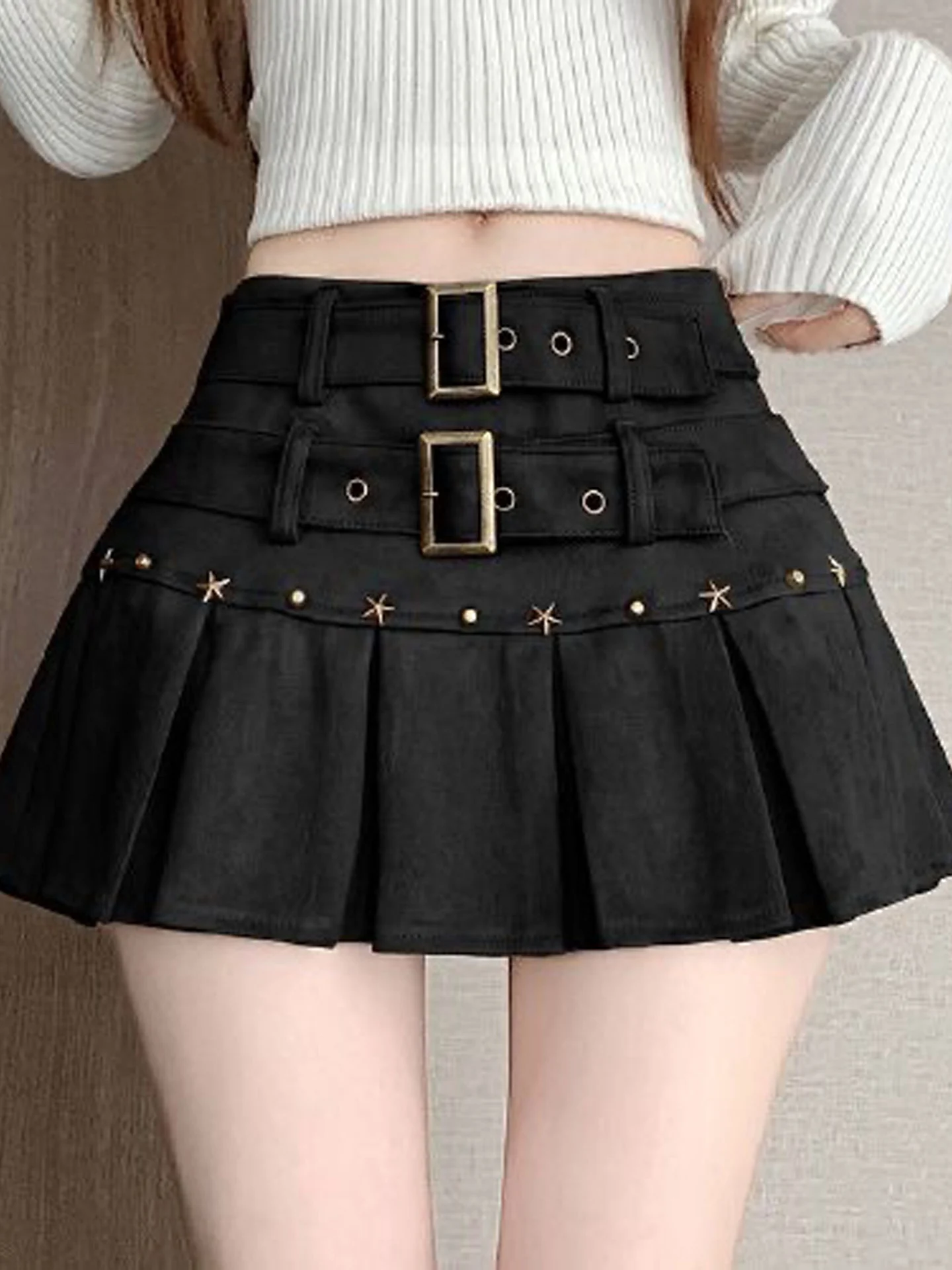 American Retro Spicy Girl Heavy Design Deer Skin Velvet Pleated  Skirt Women's Autumn New Fashion Short Skirt