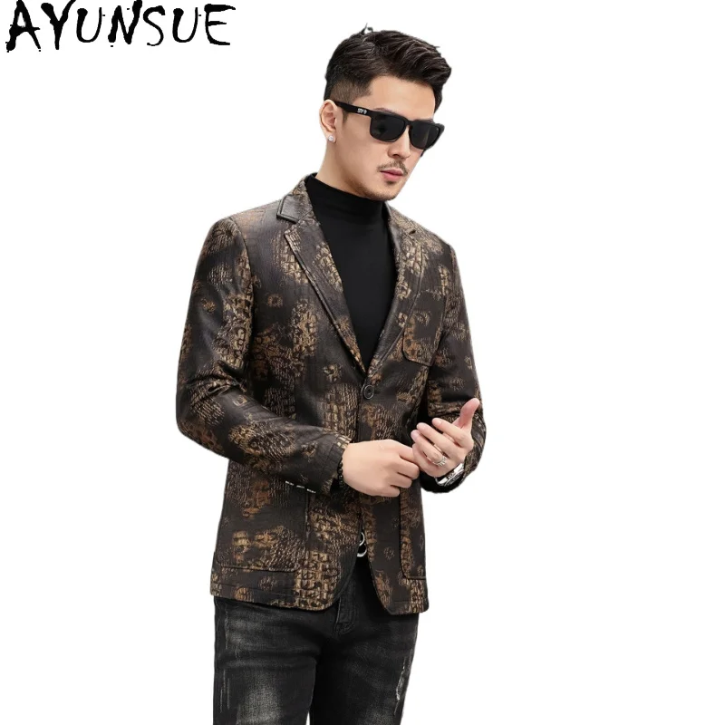 AYUNSUE 100% Real Sheepskin Coat Man High Quality Genuine Leather Jacket Men Blazer Fashion Printed Leather Jackets 2026 abrigos