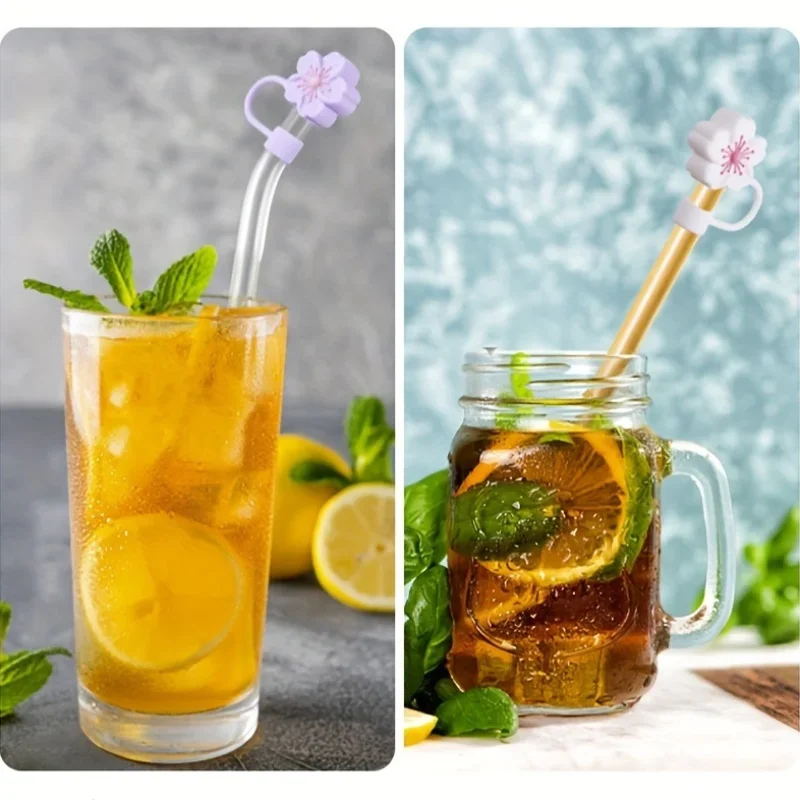 5 szt. Silikonowych Końcówek do Słomek Sakuras, Uniwersalne Nakładki na Słomki z Kwiatowym Wzorem, Akcesoria do Napojów Wielokrotnego Użytku do Kubków 10 mm