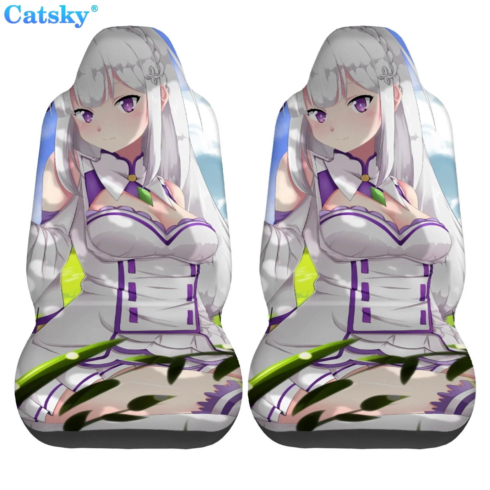 Sexy Anime Girl Emilia 2 Piece Polyester Easy Clean Re Zero Car Seat Cover Cool 3D Print Universal Durable Cars Seats Covers