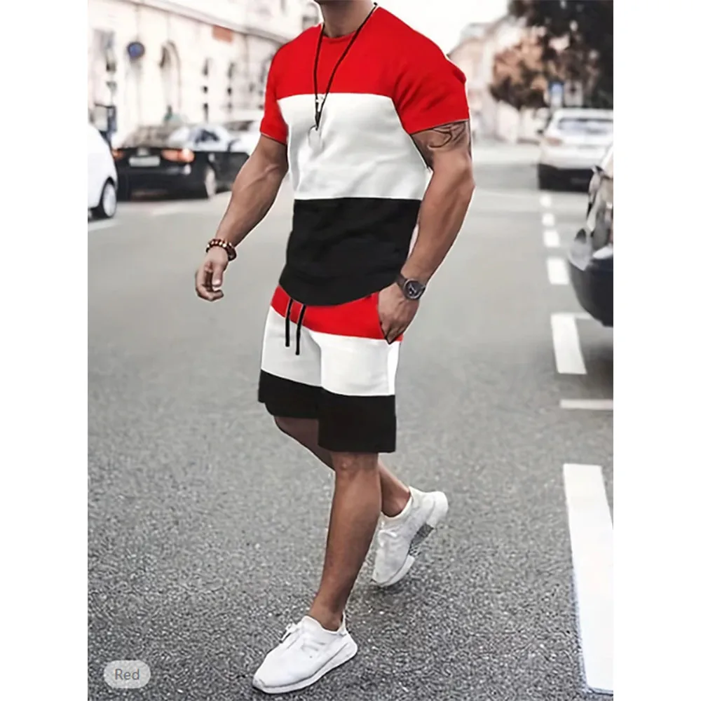 Men\'s T-shirt Suits Tracksuit Shorts and T Shirt Set Color Block Crew Neck Wear Vacation Short Sleeves 2 Piece Clothing Apparel