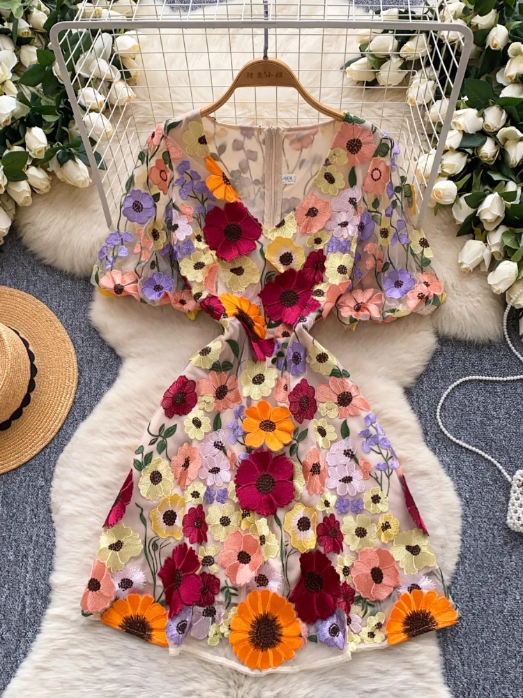 

3D Embroidered Bubble Sleeve Women Short Lace Dress Summer Tulle Princess Sweet Hot Girl Elegant Evening Party Birthday Dresses