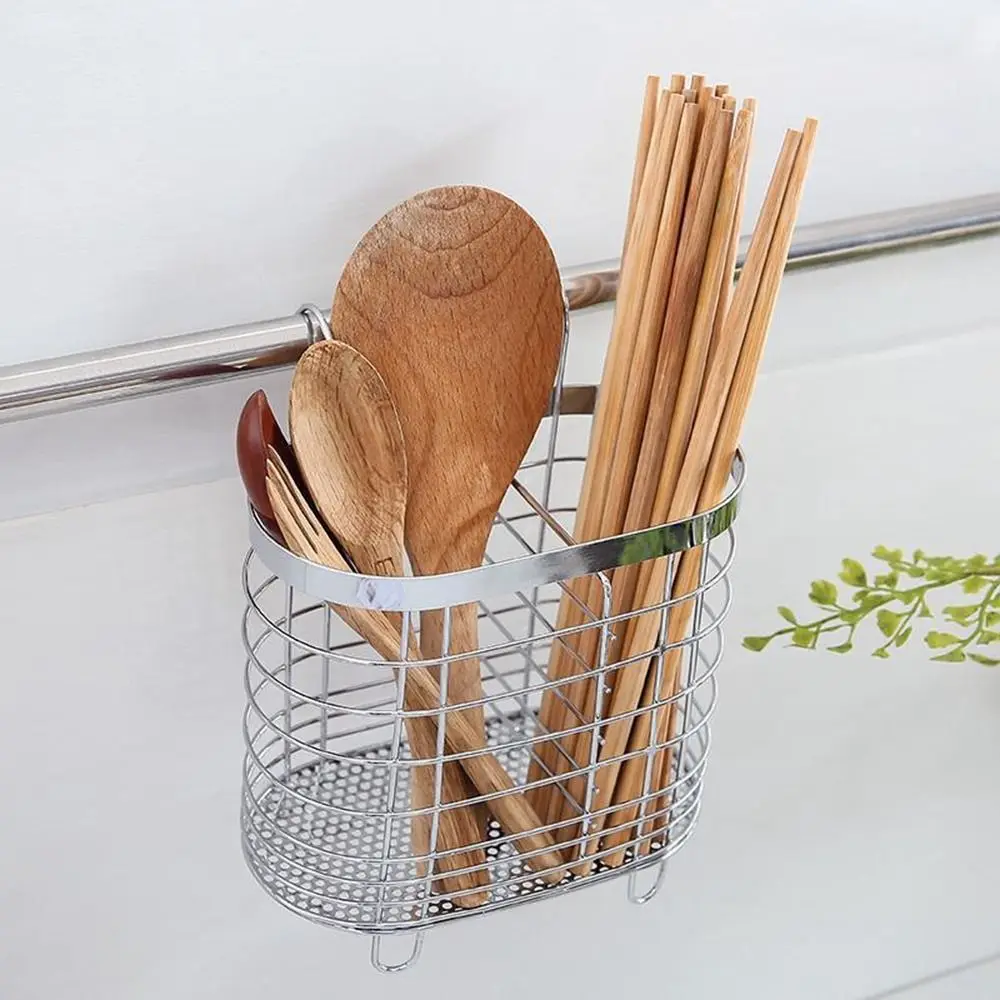 Metal Stainless Steel Chopsticks Cage Rectangular Internal Compartment Tableware Tube No Drilling Wall Mounted Cutlery Holder