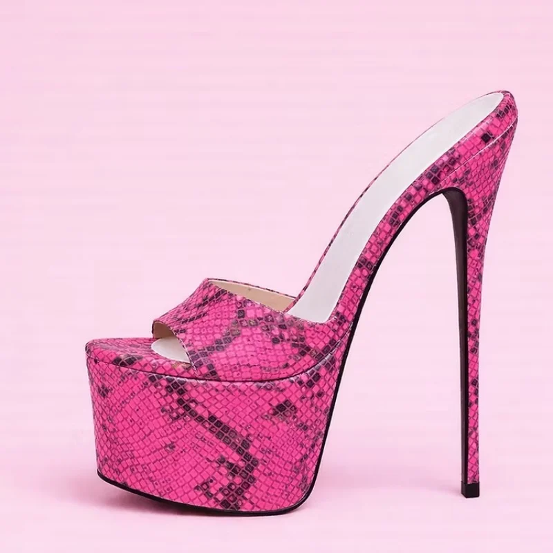 Women White Snakeskin Print Mesh Platform Slippers Fashion Open Toe Ultra High Stiletto Heel Slide Mules Sandals Dress Shoes