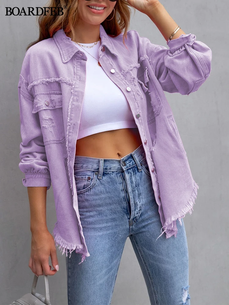 Women Ripped Denim Jacket Spring Casual Distressed Jean Long Sleeve Tops with Pockets Ladies Tassels Solid Coat Loose Outwear