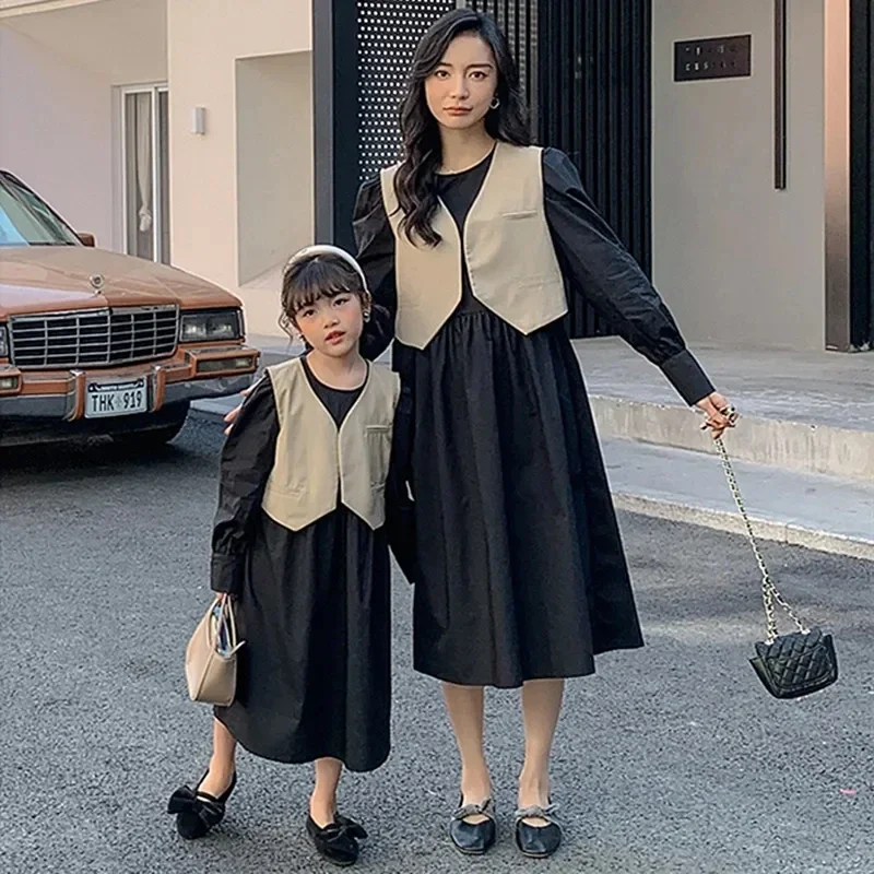 Mother And Daughter Matching Equal Dress Spring French Style Women Long Sleeve Dresses Family Bow Mom Baby Girl Clothing Outfits