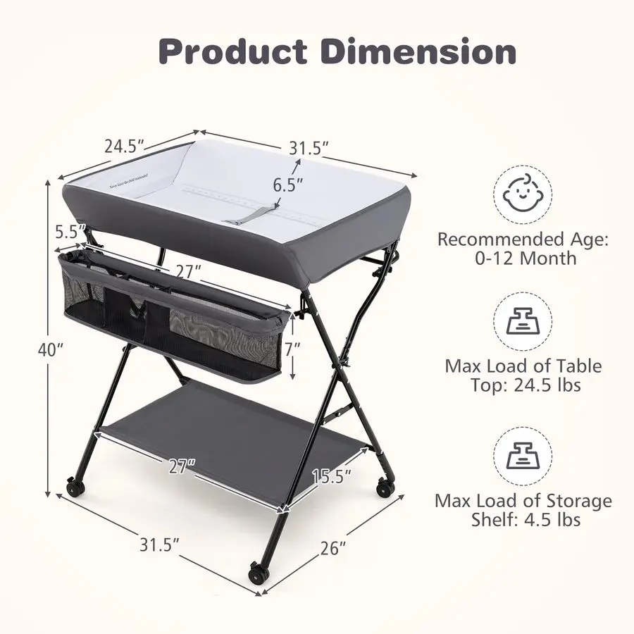 Baby Changing Table with Wheels, Portable Folding Diaper Station Nursery Organizer with Storage Basket, Hanging Rack, Adjustable