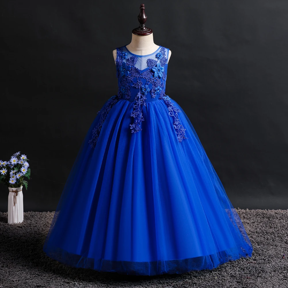 Blue New Girl Flower Long Dress Children\'s Ball Embroidered Princess Dress for 4 to 14 years Girl Party Wear