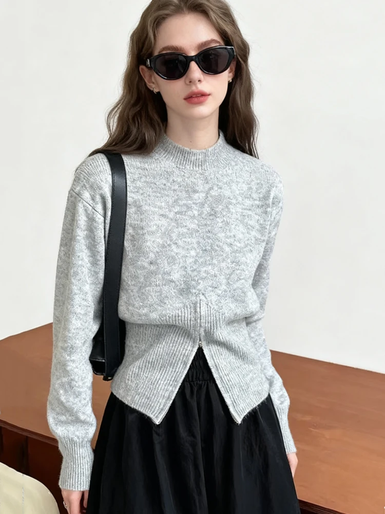 

Новый осенне-зимний пуловер на молнии с разрезом, модный женский свободный повседневный топ, офисный вязаный джемпер, однотонная офисная одежда