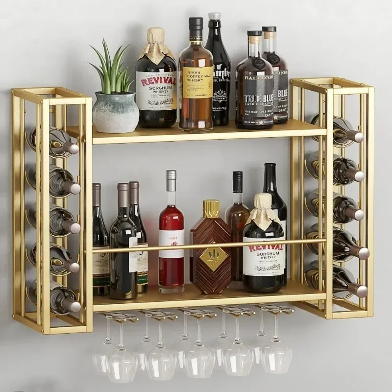 Wall Mounted Wine Rack, Hanging Floating Bar Liquor Shelves with Glass Holder, Metal Bottle Holder Wine Storage Display Shelf fo