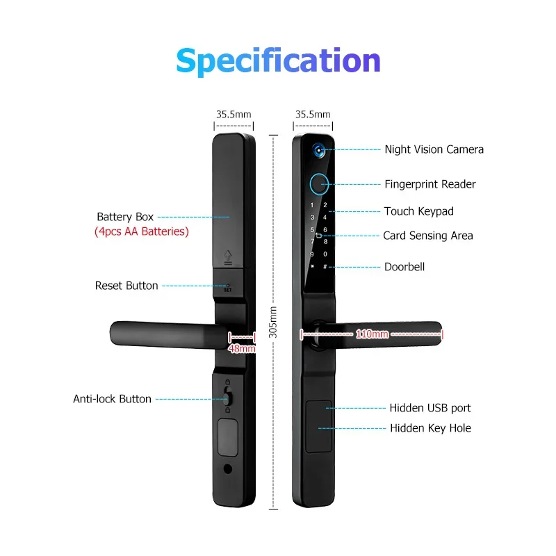 Imagem -06 - Tuya Wifi Impermeável Peephole ao ar Livre Alumínio Deslizante Door Lock Fingerprint App Senha Rfid Cartão Keyless Smart Door Lock