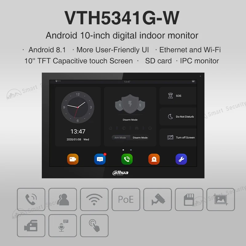 Dahua MultiLang Android WiFi Video Intercom Indoor Monitor Camera Preview System 10 Inch Screen Two-way Doorbell Talk VTH5341G-W