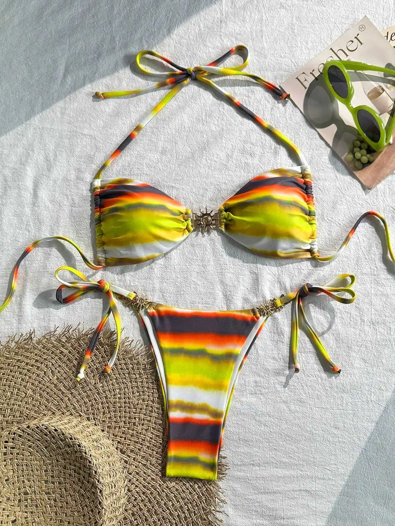 sexy gradient patchwork bikinis sets two pieces halter tie thong swimsuits beachwear bathing suit swimwear biquini tankini
