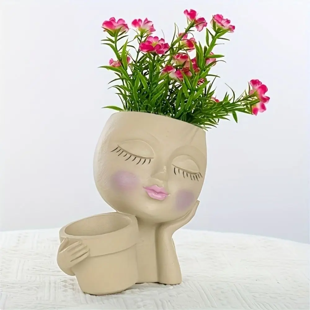 

with Drainage Hole Handheld Basket Girl Flowerpot Multicolor Mini Resin Girl Face Flowerpot Unique Art