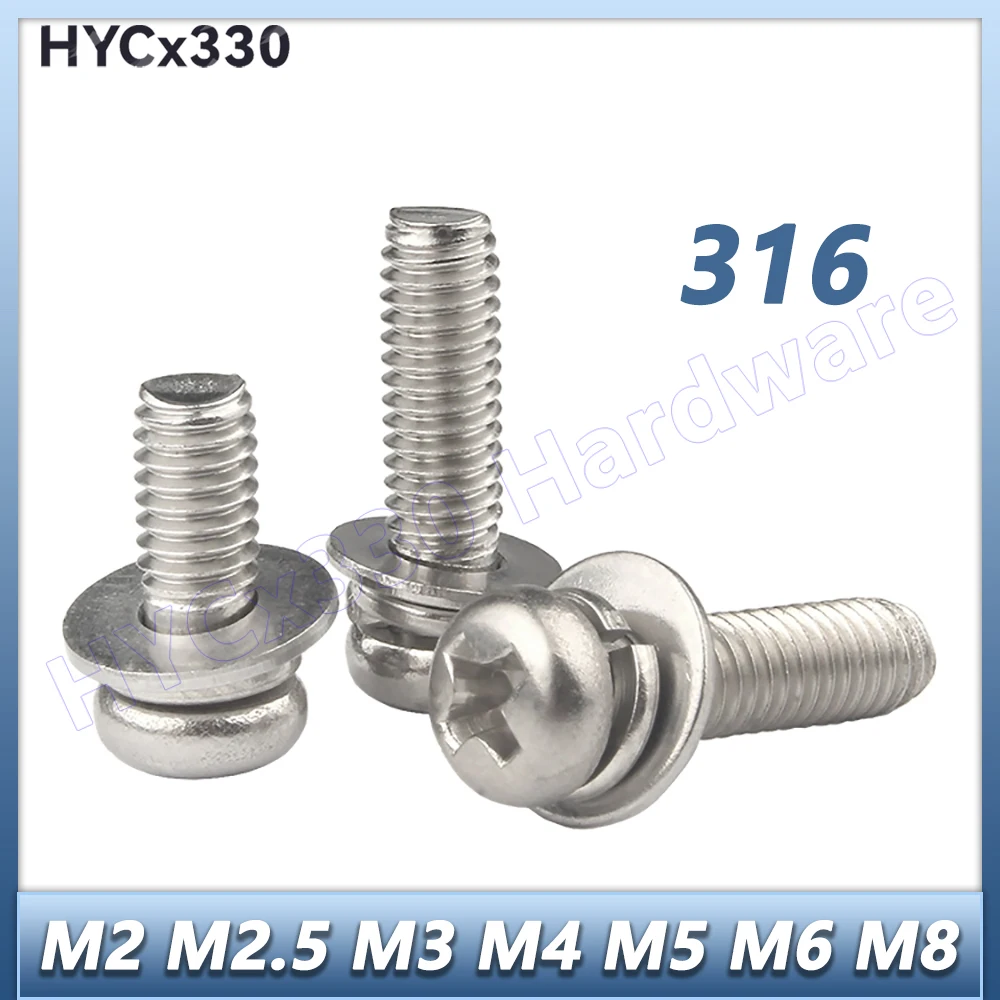 M2-M8 316 Stainless Steel Cross Round Phillips Pan Head SEM Screw Flat Washer Spring Gasket Assemble Bolt