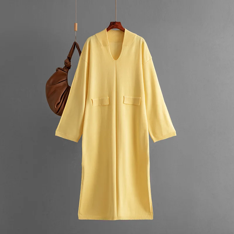 Fall Winter Elegant Knitted Solid Dress Korean Fashion V-neck Long Sleeve Knitwears Vestidos Casual Split Design Loose Dresses